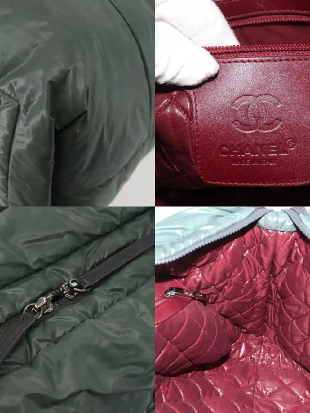 CHANEL Cococoon Tote Bag Nylon Khaki Silver CC Auth 128925